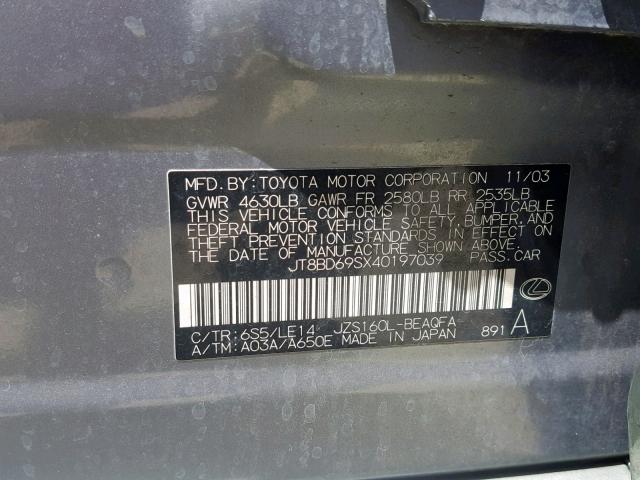 JT8BD69SX40197039 - 2004 LEXUS GS 300 GRAY photo 10