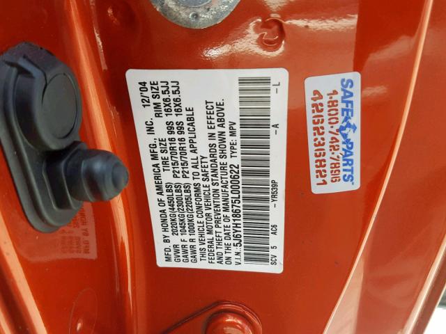 5J6YH18675L000622 - 2005 HONDA ELEMENT EX ORANGE photo 10