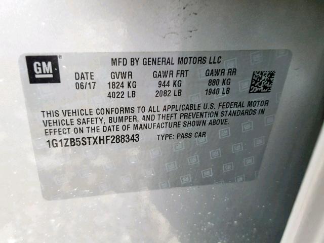 1G1ZB5STXHF288343 - 2017 CHEVROLET MALIBU LS WHITE photo 10