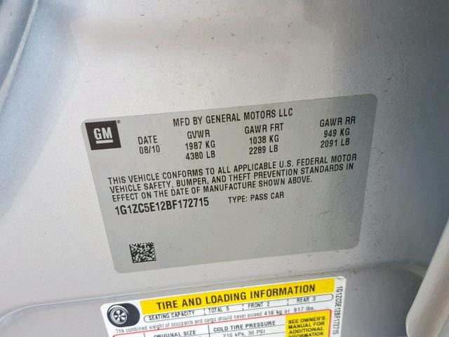 1G1ZC5E12BF172715 - 2011 CHEVROLET MALIBU 1LT SILVER photo 10