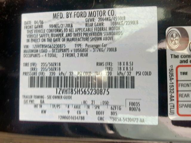 1ZVHT85H565230875 - 2006 FORD MUSTANG GT BLACK photo 10