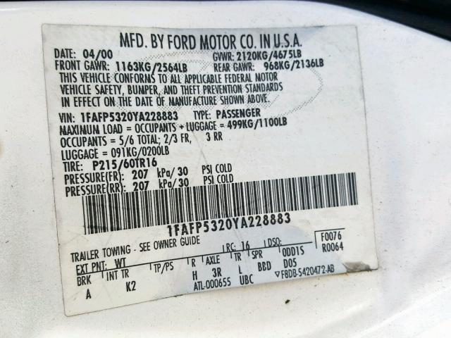 1FAFP5320YA228883 - 2000 FORD TAURUS SE WHITE photo 10