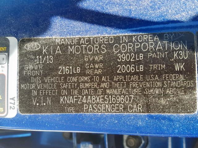 KNAFZ4A8XE5169607 - 2014 KIA FORTE EX BLUE photo 10