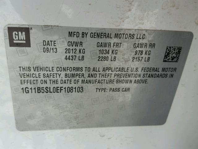 1G11B5SL0EF108103 - 2014 CHEVROLET MALIBU LS 白色 照片 10