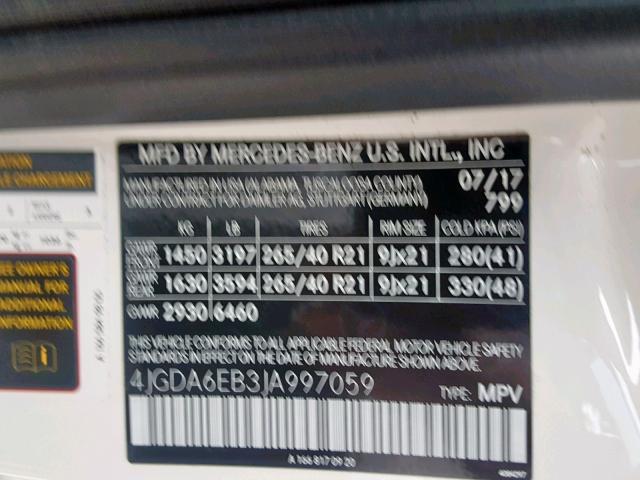 4JGDA6EB3JA997059 - 2018 MERCEDES-BENZ GLE 43 AMG WHITE photo 10