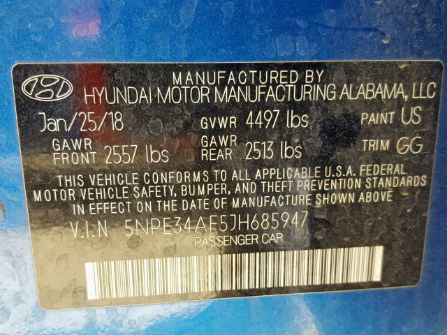 5NPE34AF5JH685947 - 2018 HYUNDAI SONATA SPO BLUE photo 10