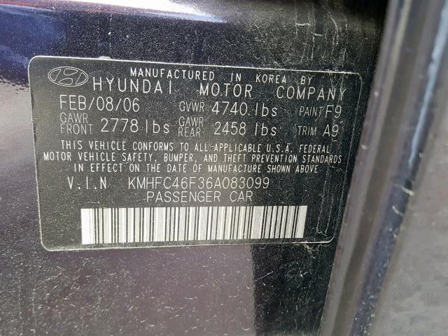 KMHFC46F36A083099 - 2006 HYUNDAI AZERA SE BLACK photo 10