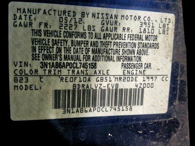 3N1AB6AP0CL745158 - 2012 NISSAN SENTRA 2.0 BLUE photo 10