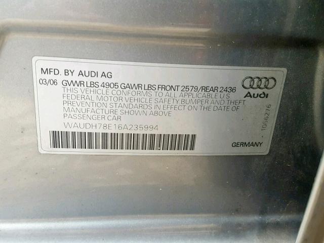 WAUDH78E16A235994 - 2006 AUDI A4 3.2 QUA GRAY photo 10