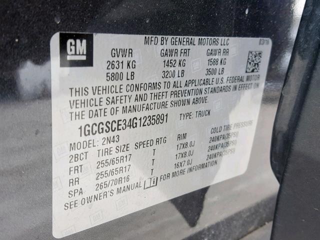 1GCGSCE34G1235891 - 2016 CHEVROLET COLORADO L GRAY photo 10