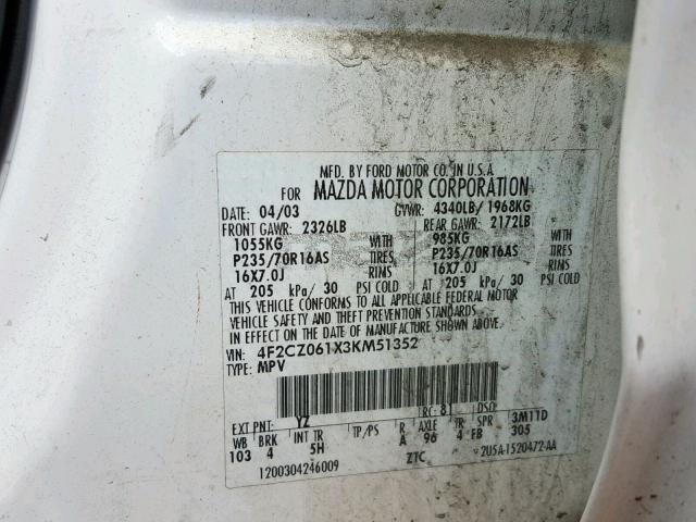 4F2CZ061X3KM51352 - 2003 MAZDA TRIBUTE ES 白色 照片 10