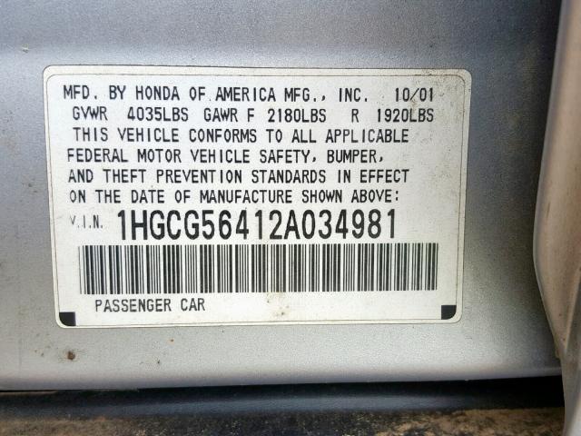 1HGCG56412A034981 - 2002 HONDA ACCORD LX SILVER photo 10