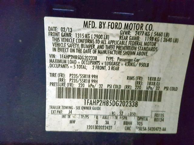 1FAHP2H85DG202338 - 2013 FORD TAURUS SEL BLUE photo 10