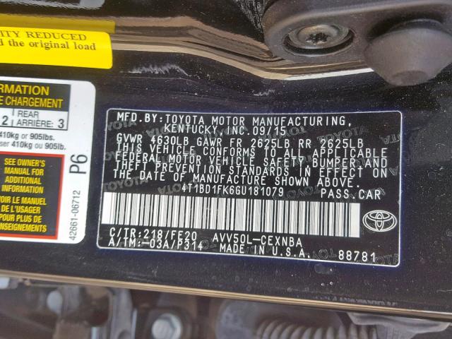 4T1BD1FK6GU181079 - 2016 TOYOTA CAMRY HYBR BLACK photo 10