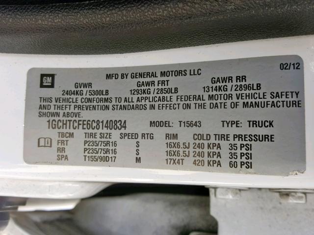 1GCHTCFE6C8140834 - 2012 CHEVROLET COLORADO L WHITE photo 10