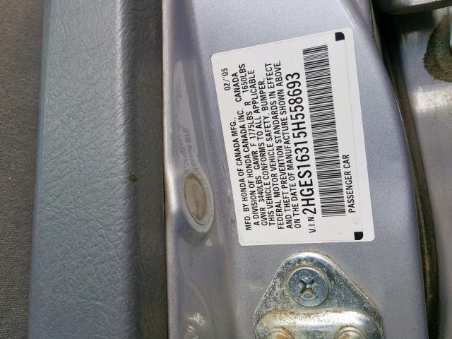 2HGES16315H558693 - 2005 HONDA CIVIC DX V SILVER photo 10