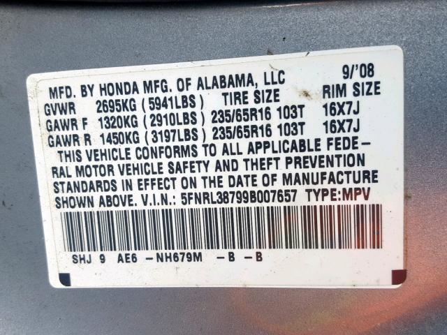 5FNRL38799B007657 - 2009 HONDA ODYSSEY EX BLUE photo 10