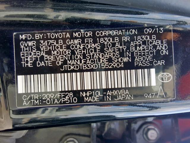 JTDKDTB3XD1552904 - 2013 TOYOTA PRIUS C BLACK photo 10