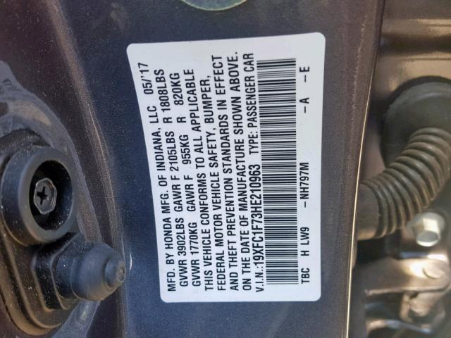 19XFC1F73HE210963 - 2017 HONDA CIVIC EXL GRAY photo 10