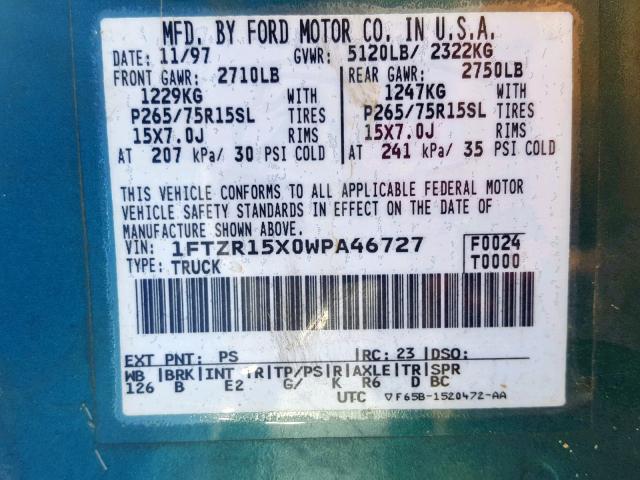 1FTZR15X0WPA46727 - 1998 FORD RANGER SUP GREEN photo 10