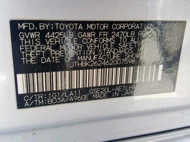 JTHBK262462007598 - 2006 LEXUS IS 250 GRAY photo 10