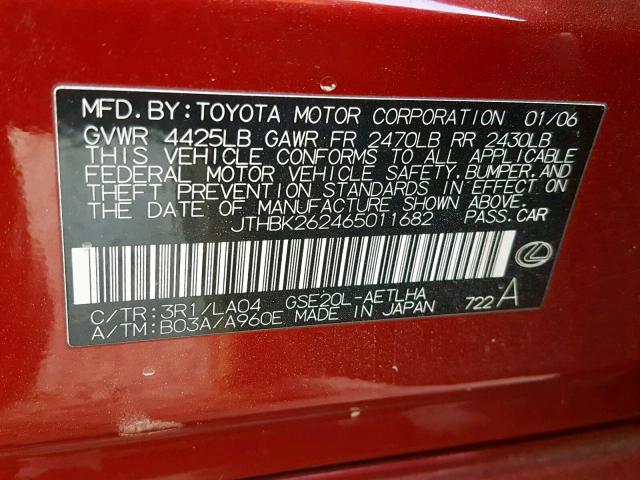 JTHBK262465011682 - 2006 LEXUS IS 250 RED photo 10