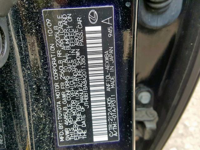 JTHBB1BA8A2011380 - 2010 LEXUS HS 250H BLACK photo 10