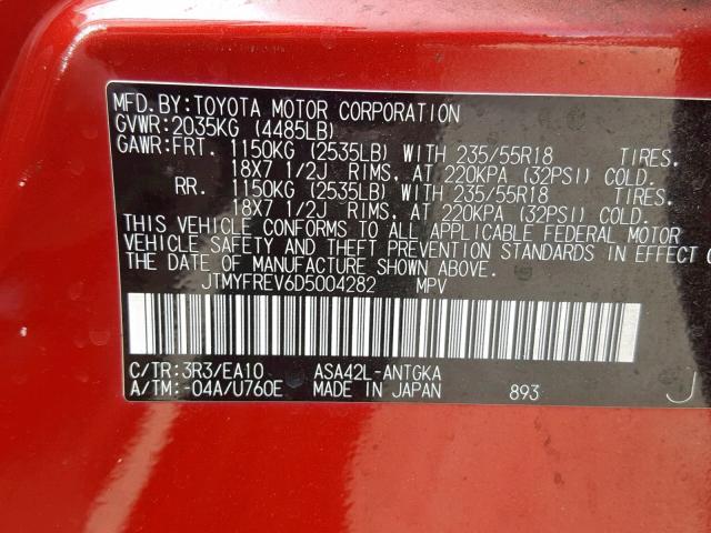 JTMYFREV6D5004282 - 2013 TOYOTA RAV4 LIMIT RED photo 10