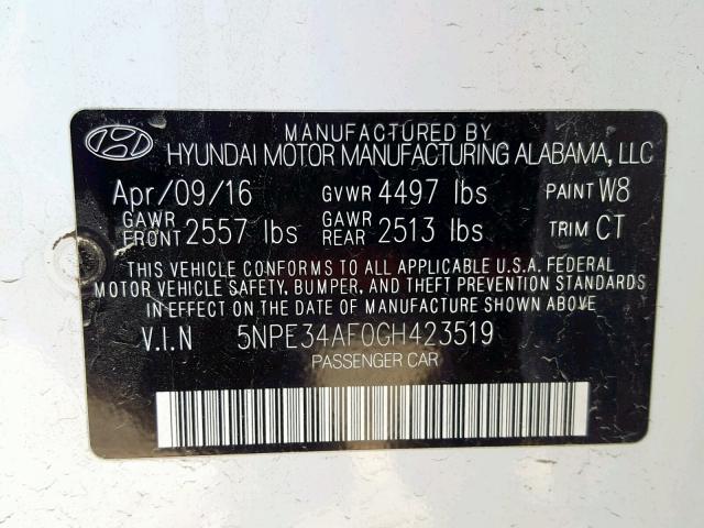 5NPE34AF0GH423519 - 2016 HYUNDAI SONATA SPO WHITE photo 10