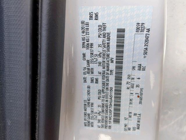 1FMCU0F70HUA51150 - 2017 FORD ESCAPE S WHITE photo 10