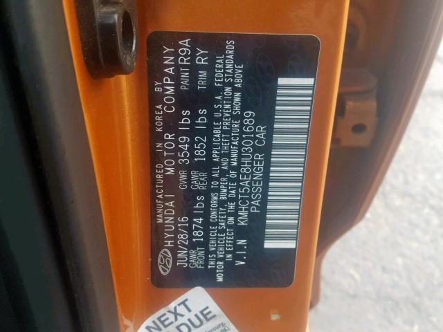 KMHCT5AE8HU301689 - 2017 HYUNDAI ACCENT SE ORANGE photo 10