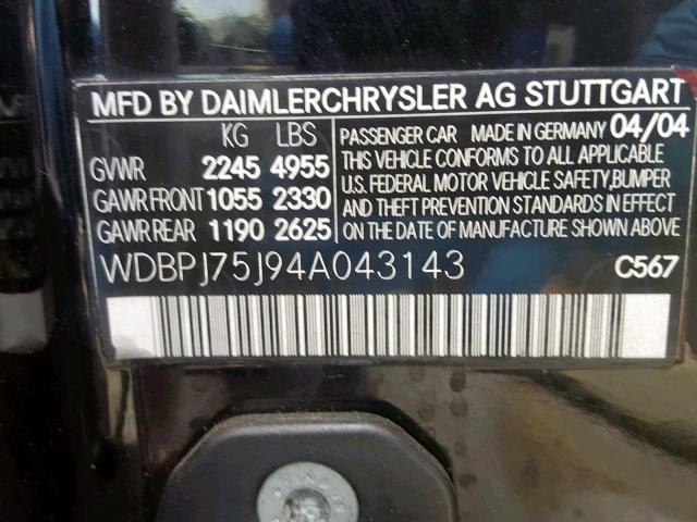 WDBPJ75J94A043143 - 2004 MERCEDES-BENZ CL 500 BLACK photo 10