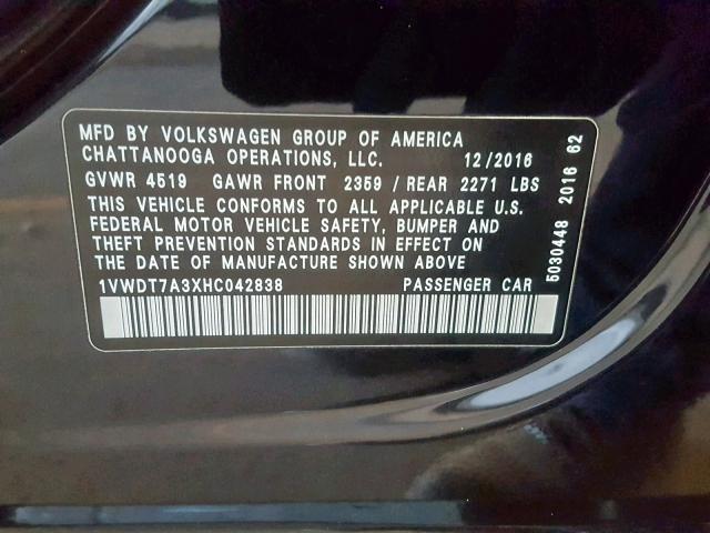 1VWDT7A3XHC042838 - 2017 VOLKSWAGEN PASSAT R-L BLACK photo 10