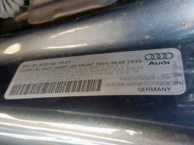 WAUML44E94N012806 - 2004 AUDI A8 L QUATT GRAY photo 10