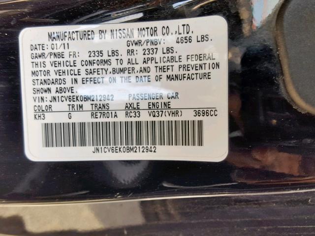 JN1CV6EK0BM212942 - 2011 INFINITI G37 BASE BLACK photo 10