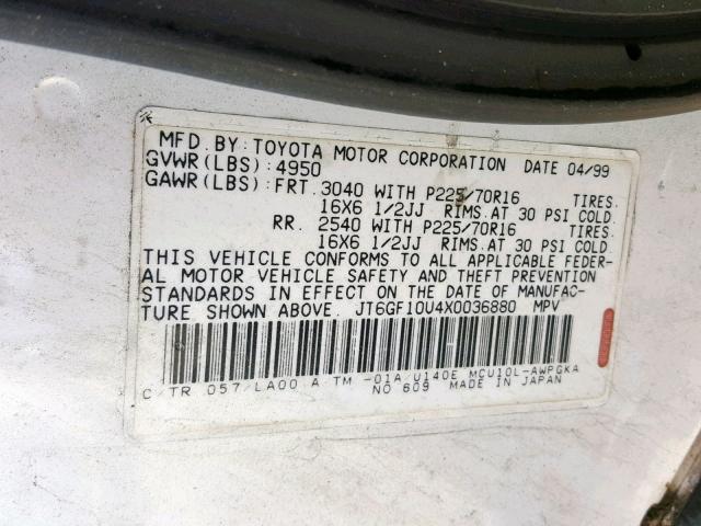 JT6GF10U4X0036880 - 1999 LEXUS RX 300 WHITE photo 10