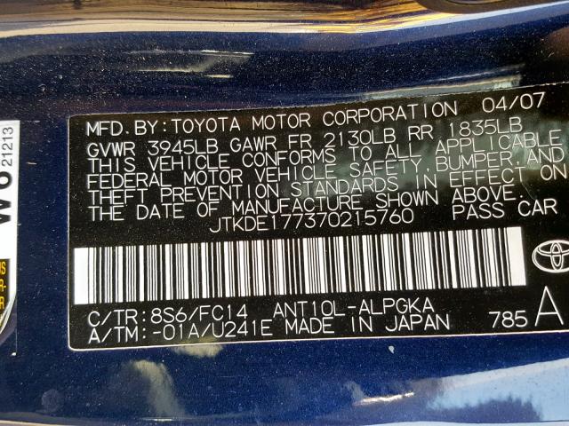 JTKDE177370215760 - 2007 TOYOTA SCION TC ლურჯი ფოტო 10