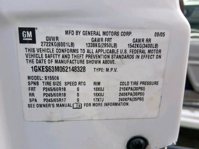 1GKES63M062148328 - 2006 GMC ENVOY DENA WHITE photo 10