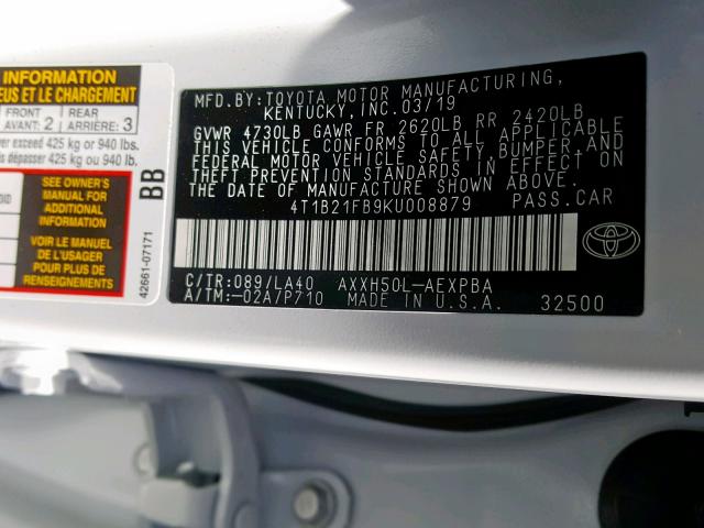 4T1B21FB9KU008879 - 2019 TOYOTA AVALON XLE WHITE photo 10