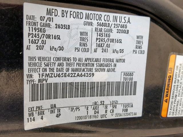 1FMZU65E42ZA64359 - 2002 FORD EXPLORER L BLACK photo 10