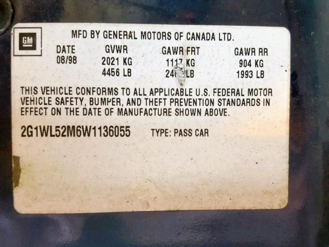 2G1WL52M6W1136055 - 1998 CHEVROLET LUMINA BAS 蓝色 照片 10