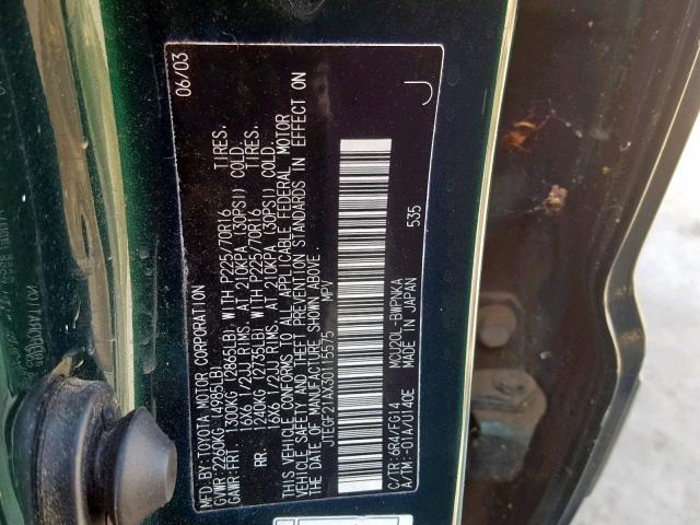 JTEGF21AX30115575 - 2003 TOYOTA HIGHLANDER GREEN photo 10