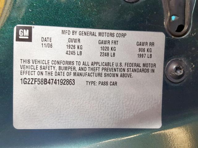 1G2ZF58B474192863 - 2007 PONTIAC G6 VALUE L GREEN photo 10