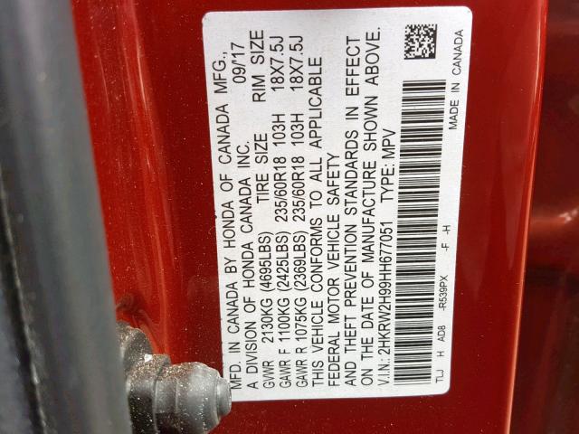 2HKRW2H99HH677051 - 2017 HONDA CR-V TOURI RED photo 10