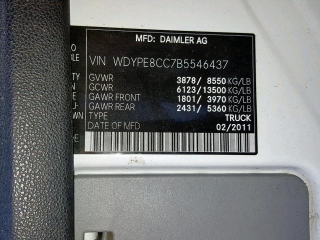 WDYPE8CC7B5546437 - 2011 FREIGHTLINER SPRINTER 2 WHITE photo 10