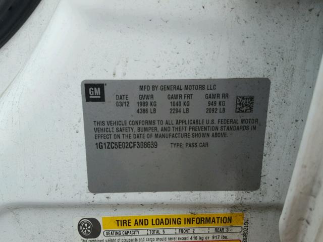 1G1ZC5E02CF308639 - 2012 CHEVROLET MALIBU 1LT 白色 照片 10