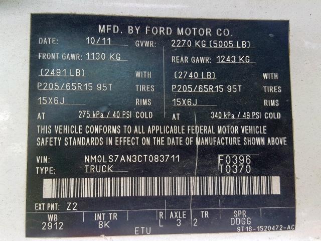 NM0LS7AN3CT083711 - 2012 FORD TRANSIT CO WHITE photo 10