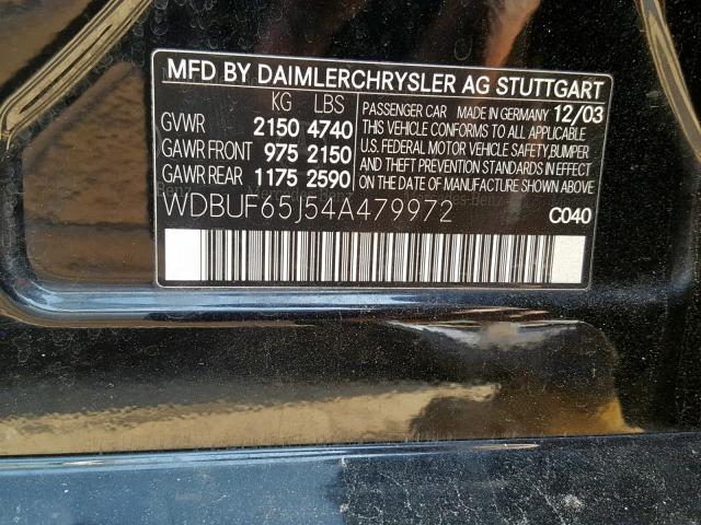 WDBUF65J54A479972 - 2004 MERCEDES-BENZ E 320 BLACK photo 10