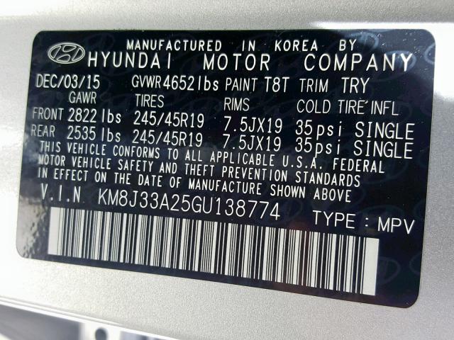 KM8J33A25GU138774 - 2016 HYUNDAI TUCSON LIM SILVER photo 10