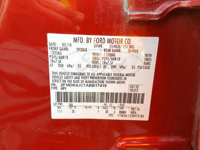 2FMDK4JC7ABB17419 - 2010 FORD EDGE SEL RED photo 10